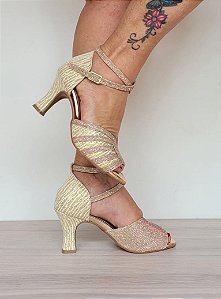 Sandália Glitter detalhes amarelos e rosê salto 7 cm