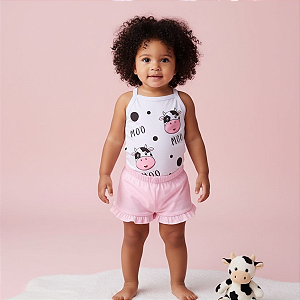 Conjunto Bebê Menina Body Alcinha e Short com Babadinho em Malha 100% Algodão Premium | Estampa DTF