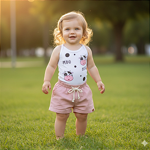 Conjunto Menina Body e Short em Linho | Algodão Premium + Estampa DTF Leve