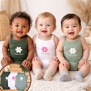 Kit Body Bebê Menina 3 Peças | Regata de Alcinha Algodão | Estampa Flor + Pluck Daisy | RN P M G