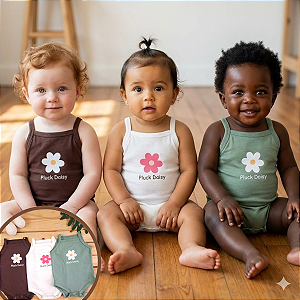 Kit 3 Peças Body Regata Alcinha Bebê Menina em Malha de Algodão | Flor Pluck Daisy | Botões Entrepernas