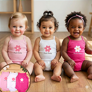 Kit 3 Peças Body Regata Alcinha Bebê Menina em Malha de Algodão | Flor Pluck Daisy | Botões Entrepernas