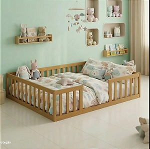 Cama de Casal Montessoriana Queen Size Nogueira com Proteção