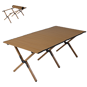 Mesa Dobrável em Ferro com Tampo Ripado - Caramelo