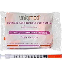 SERINGA INSULINA C/ AGULHA 1ML 12,7MM X 0,33MM 29G UNIQMED PCT 10 UN