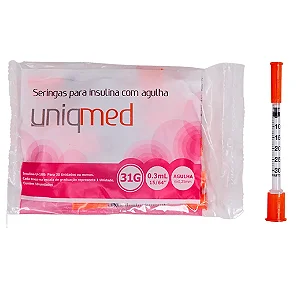SERINGA INSULINA C/ AGULHA 0,3ML 6MM X 0,25MM 31G UNIQMED PCT 10 UN