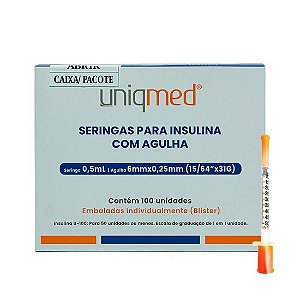 SERINGA INSULINA C/ AGULHA 0,5ML 6MM X 0,25MM 31G UNIQMED CX 100 UN