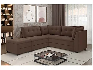 Sofá de Canto 5 Lugares com Puff Veludo Benfica Besthouse