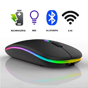 Mouse Sem Fio RGB Recarregável com Conexão Bluetooth e 2.4G