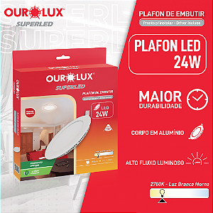 Plafon Superled Embutir 24W Bivolt 2700K Redondo Ø 30cm.