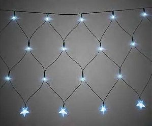 Cortina rede De Natal 160 LEDS Luz Azul e fio verde 8 Funções 6,00m com estrelas na ponta 220V.
