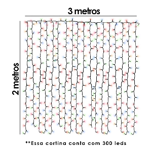 Cortina com 300 LEDs Branco Quente 3mx2m 8 funções 220V.