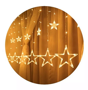 Cascata com 138 LEDs Branco Quente com estrela na ponta 8 funções tomada macho e fêmea 2,5 metros 127V.