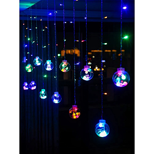 Cascata com 108 LEDs Colorido com bola na ponta 8 funções tomada macho e fêmea 2,5 metros 127V.