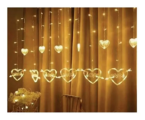Cascata com 138 LEDs Branco quente com corações na ponta 8 funções tomada macho e fêmea 2,5 metros 127V.