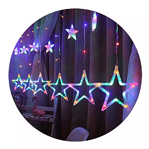 Cascata com 138 LEDs Colorido com estrelas na ponta 8 funções tomada macho e fêmea 2,5 metros 220V.