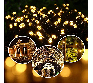 Cascata com 350 LEDs Branco Quente fio verde com memória 8 funções 10 metros uso externo IP44 bivolt.