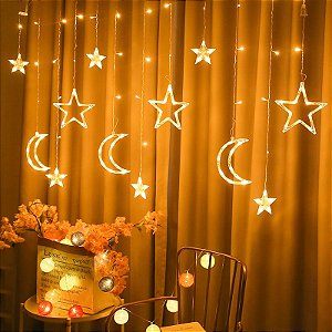 Cascata com 150 LEDs Branco Quente fio de Fada estrela e lua na ponta 8 funções 2,5 metros bivolt.