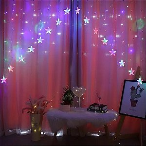 Cortina com 224 LEDs Colorido fio de Fada com estrela na ponta 3m x 1,2m bivolt.