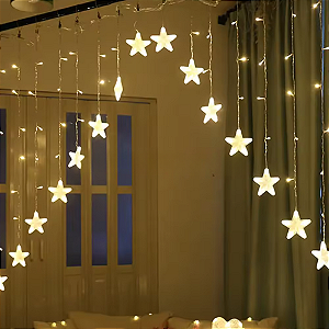 Cortina com 224 LEDs Branco quente fio de Fada com estrela na ponta 3m x 1,2m bivolt.