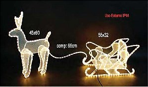 Armação De Rena com trenó 42 LEDs Branco quente strobinhos 127V IP44 uso externo.