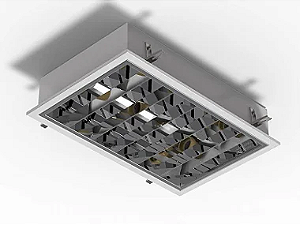 Luminária embutir alto rendimento 28.8cm X 44cm com aletas parabólicas duplas para 4 lâmpadas E27.