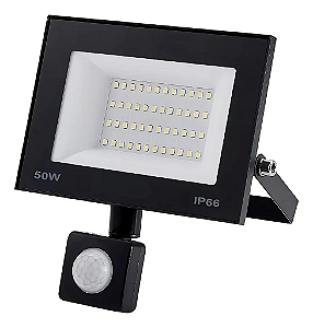 Refletor Com Sensor De Presença Led 50w Fotocélula Bivolt 6500k Preto.