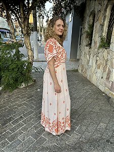 Vestido longo de viscolinho estampado manga morcego