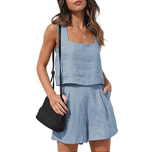 conjunto 2 peças shorts e blusa de linho