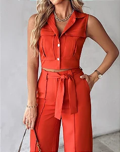 conjunto Ana visco linho 2 peças calça e cropd