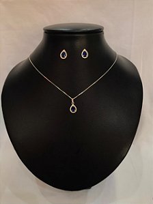Conjunto Gota de Luz Azul – Corrente Veneziana 45cm + Brinco Cravejado