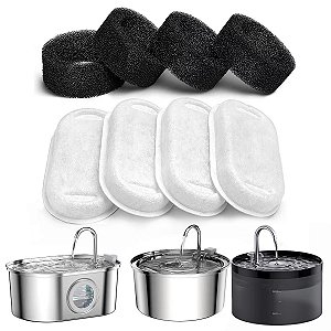 Embalagem com 4 Filtros de Carbono Ativado + 4 Filtros de Espuma para Fonte de Água Aço Inox NewPet