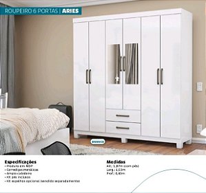 Roupeiro 6 Portas Aries com Kit Pés e Espelhos Inclusos