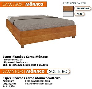 Base cama Box Solteiro Mônaco em MDP, cor cinamomo ou branca, não acompanha o colchão.