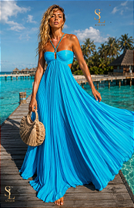 LIORA | Vestido Resort Plissado em Azul Turquesa | The SL Atelier