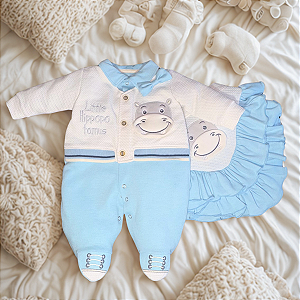 Saída de Maternidade Menino Algodão - Off White e Azul - Premium