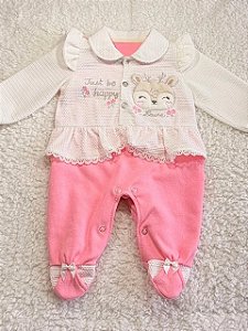 Macacão de Menina Branco com Rosa - Algodão 100% Premium RN