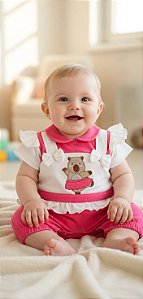 Macacão Bebê Menina Curto Rosa Capivara Bailarina-Roupinha Infantil Verão P