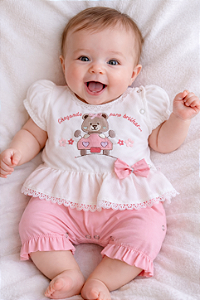 Macacão Bebê Menina Curto Verão Ursinha 100% Algodão Suedine Conforto -