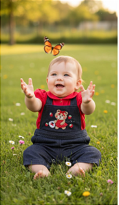 Macacão Bebê Menina Verão Ursinha Jardineira Jeans Vermelho 100% Algodão Roupa Infantil Conforto