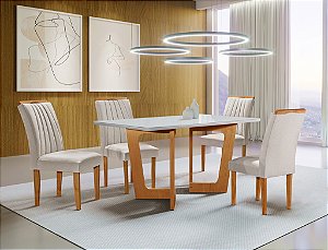 MESA 1,20X0,80CM DUBAI C/04 CAD. DUBAI CINAMOMO TAMPO LONDRES PLUS VIDRO OFF WHITE