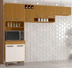 COZINHA COMPACTA 258CM 8P PANELEIRO DUPLO MALTA FREIJO/RIPADO/OFF ACETINADO POLIMAN