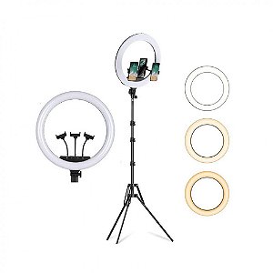 Ring light anel luz 36cm 14 polegadas tripé 2,1m / com 3 suporte para celular