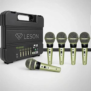 Kit 5 Microfones Profissional LeSon Sm58 K5 Champanhe Com Maleta