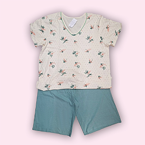 PIJAMA CURTO FEMININO  (MANGA CURTA E BERMUDÃO) - FLORAL VERDE