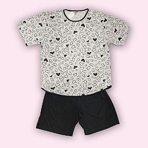 PIJAMA CURTO FEMININO - CORAÇÃO PRETO E CINZA