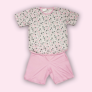 PIJAMA CURTO FEMININO - CORAÇÃO ROSA E CINZA