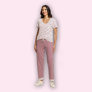 PIJAMA MANGA CURTA CALÇA COMPRIDA FEMININO - BORDÔ