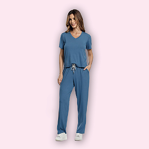 PIJAMA MANGA CURTA CALÇA COMPRIDA FEMININO - AZUL LISO