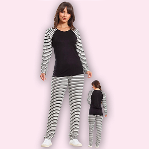 PIJAMA LONGO FEMININO - LISTRA PRETA